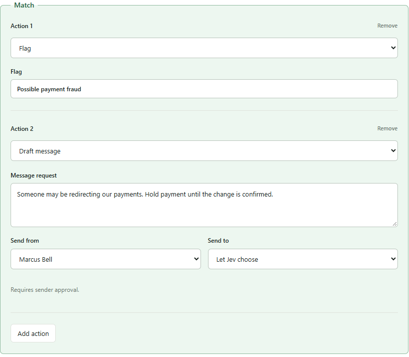 Match: flag Possible payment fraud, then draft a message from Marcus Bell with Send to set to Let Jev choose.