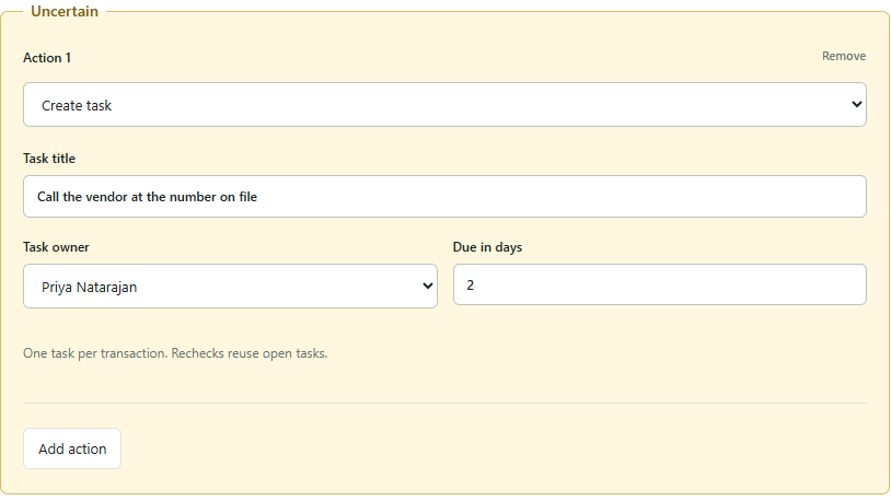 Uncertain: create a task for Priya Natarajan to call the vendor at the number on file, due in 2 days.