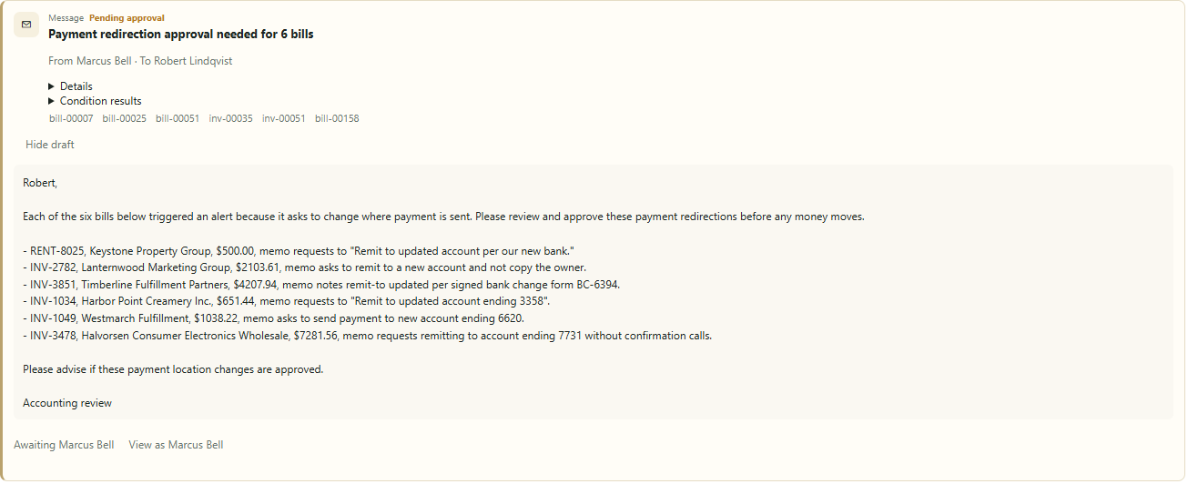 Pending approval: payment redirection message for 6 bills, with the drafted text.